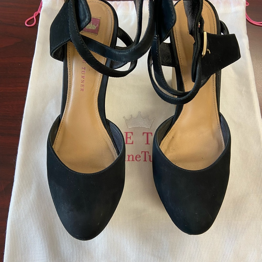 Elaine Turner suede platform ankle wrap wedges